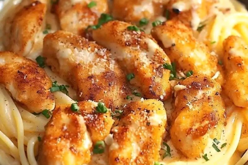 Golden Garlic Chicken Bites over Creamy Parmesan Pasta