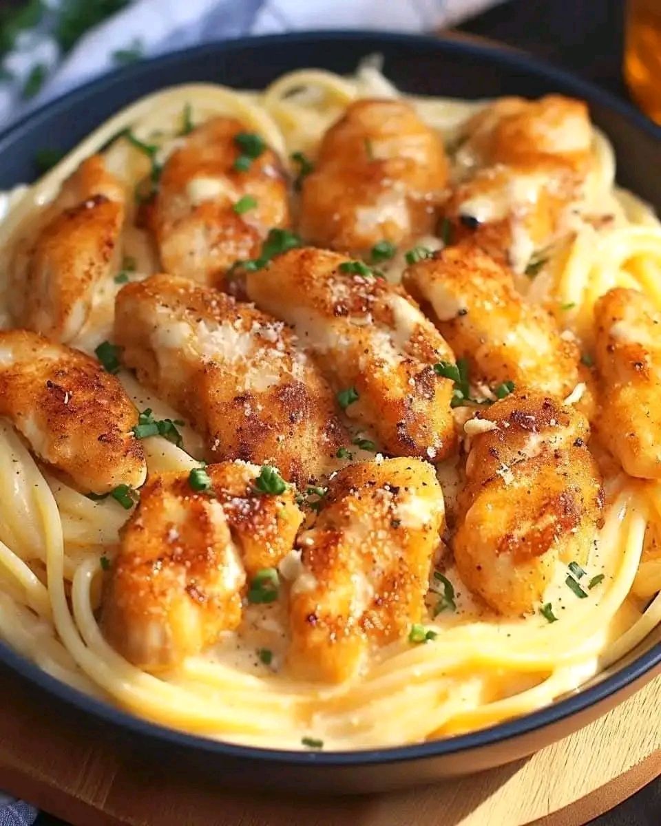 Golden Garlic Chicken Bites over Creamy Parmesan Pasta