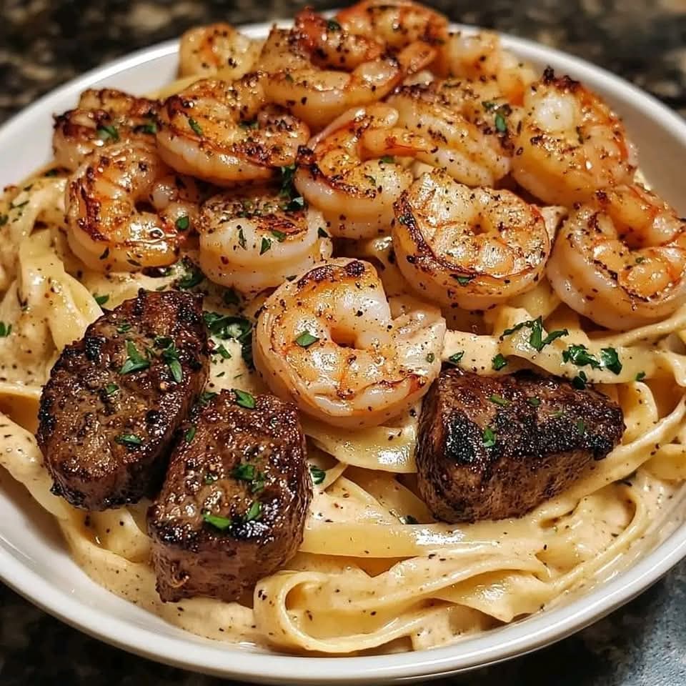 Blackened Steak Shrimp Alfredo