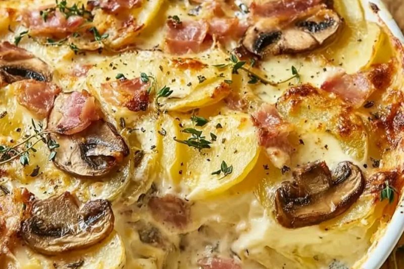 Heavenly Brie Potato Bake Loaded with Mushrooms and Caramelized Onions