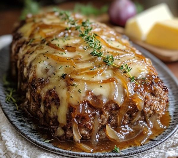 Crockpot French Onion Meatloaf with Melted Swiss Cheese