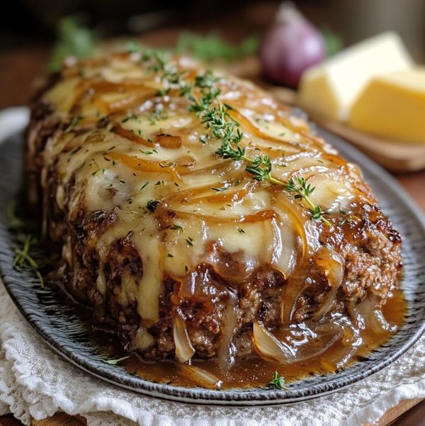 Crockpot French Onion Meatloaf with Melted Swiss Cheese