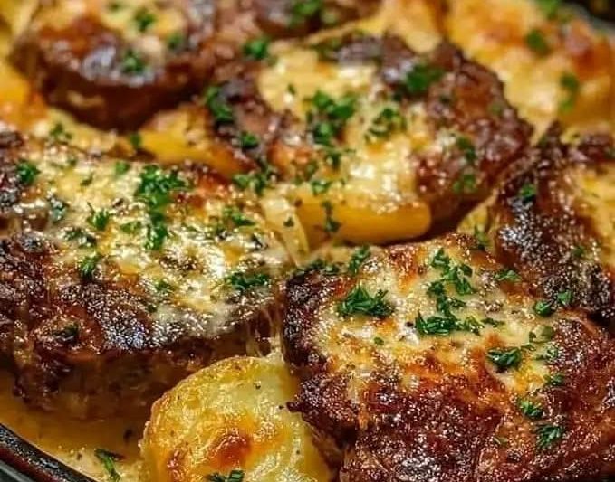 Garlic Parmesan Beef Chops with Cheesy Scalloped Potatoes