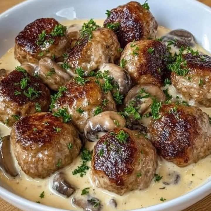 Homemade Meatballs with Mushroom Cream Sauce