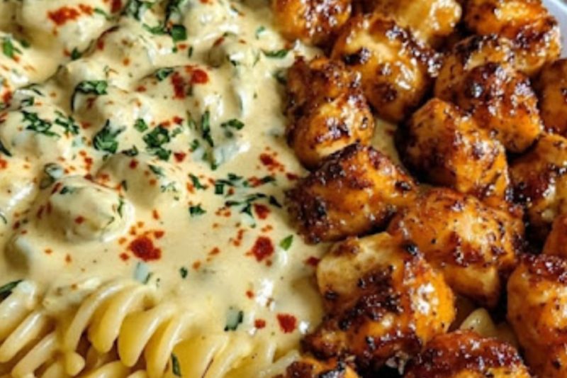 Garlic Butter Chicken Bites with Spicy Cajun Alfredo Twisted Pasta