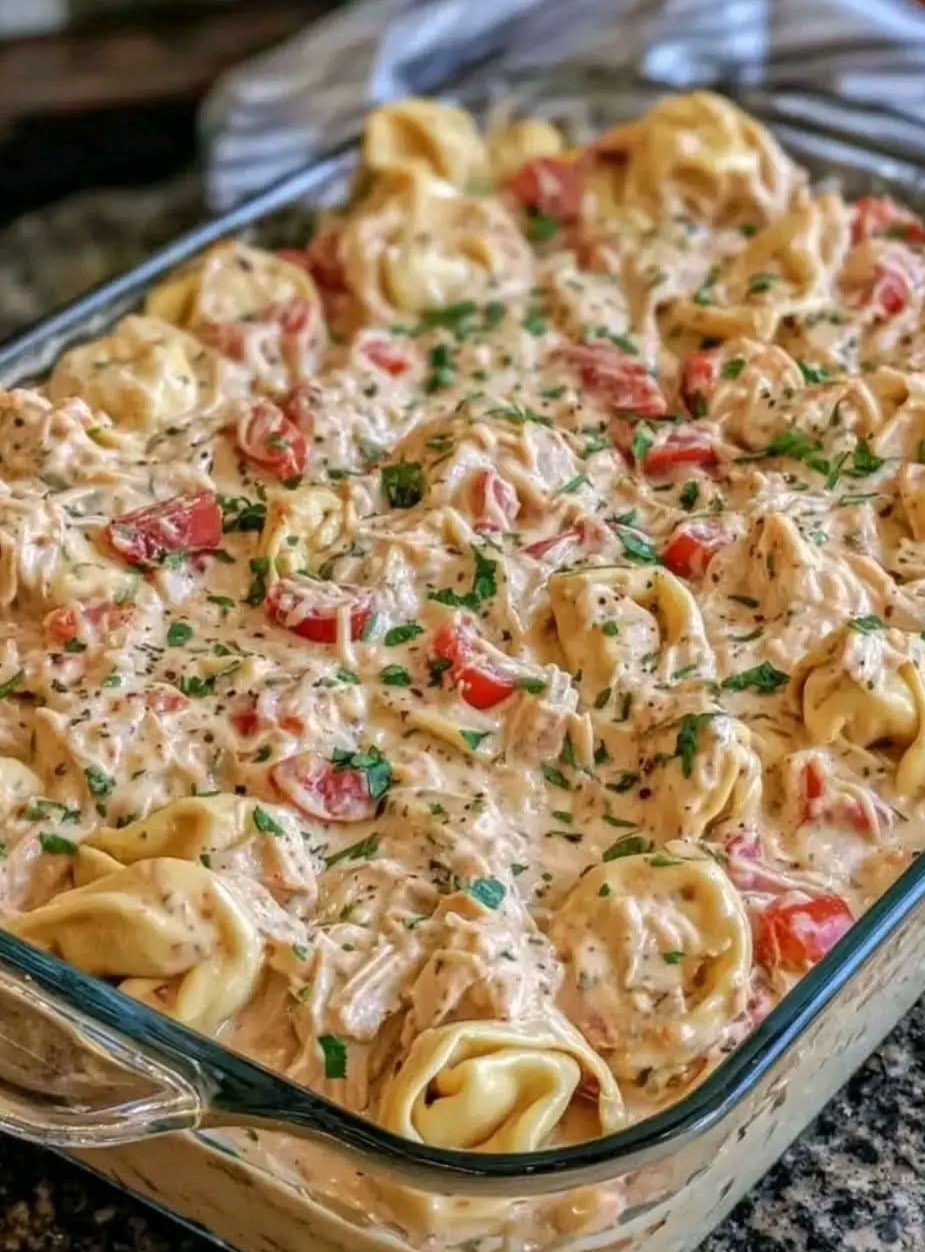 Creamy Rotel Chicken Tortellini Bake