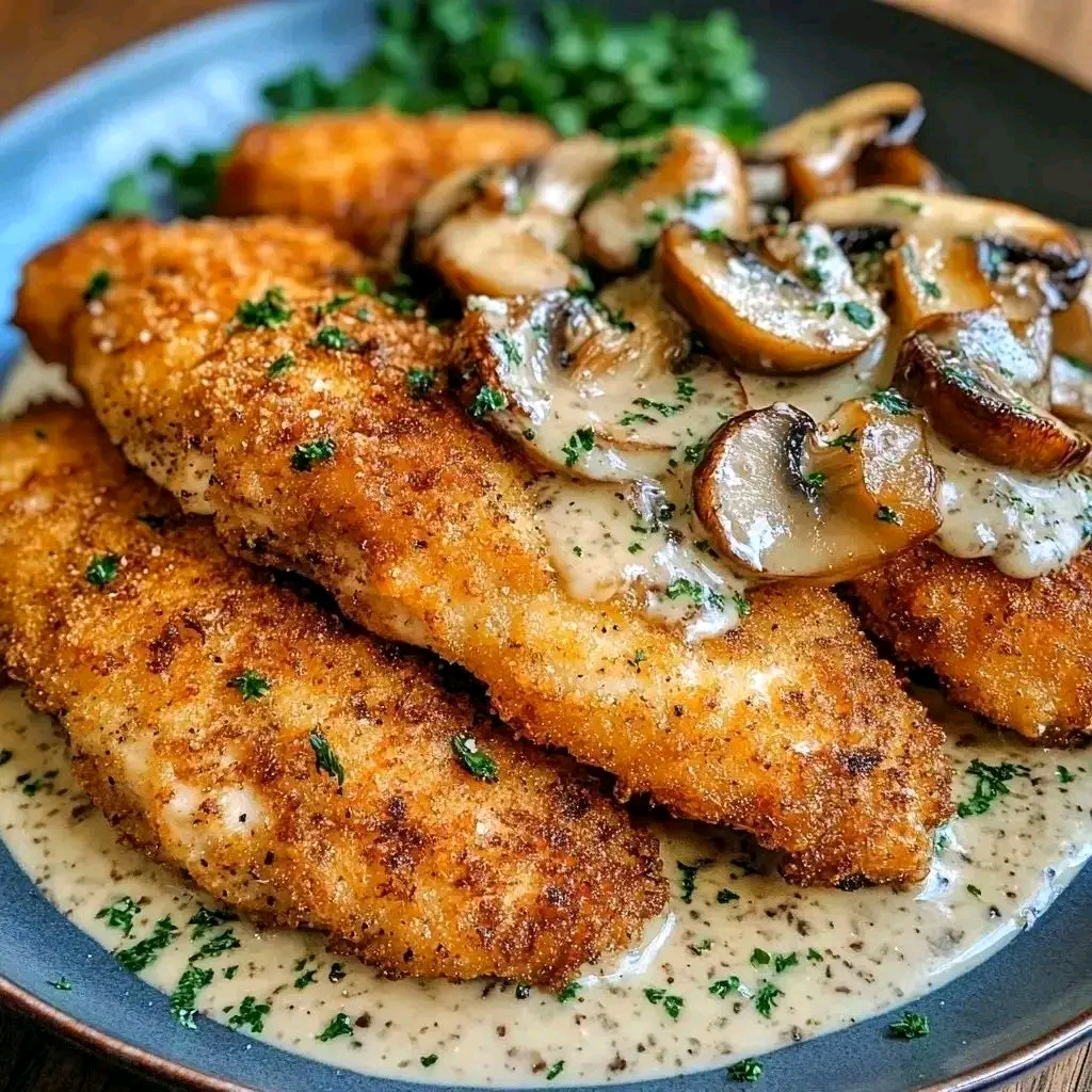 Crispy Chicken in Rich Parmesan Mushroom Sauce